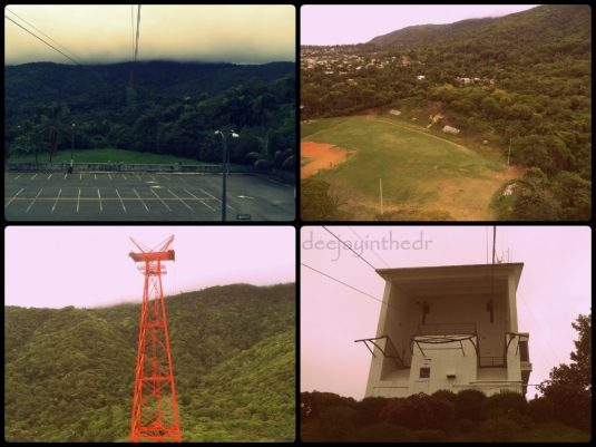 It was cloudy going up;; view of a baseball field from above;; 1 support tower;; Upper loading station