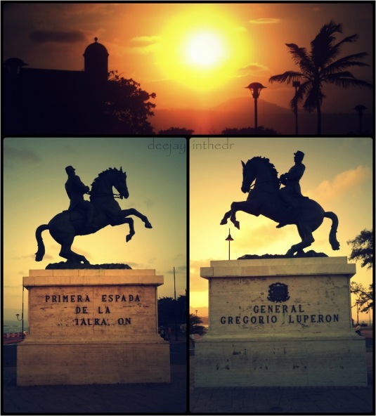Sunset over the fortaleza;; Statue of General Gregorio Luperon "Primera Espada de la Restauración"